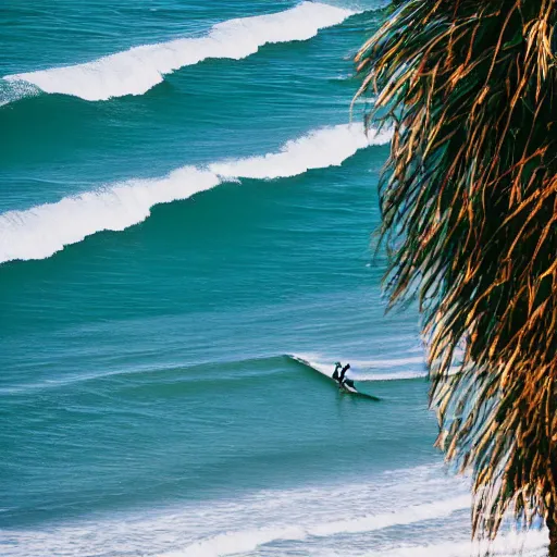 Prompt: two people are surfing the waves on blue surfboards, a tilt shift photo by thornton oakley, trending on flickr, les nabis, chillwave, shot on 7 0 mm, post processing