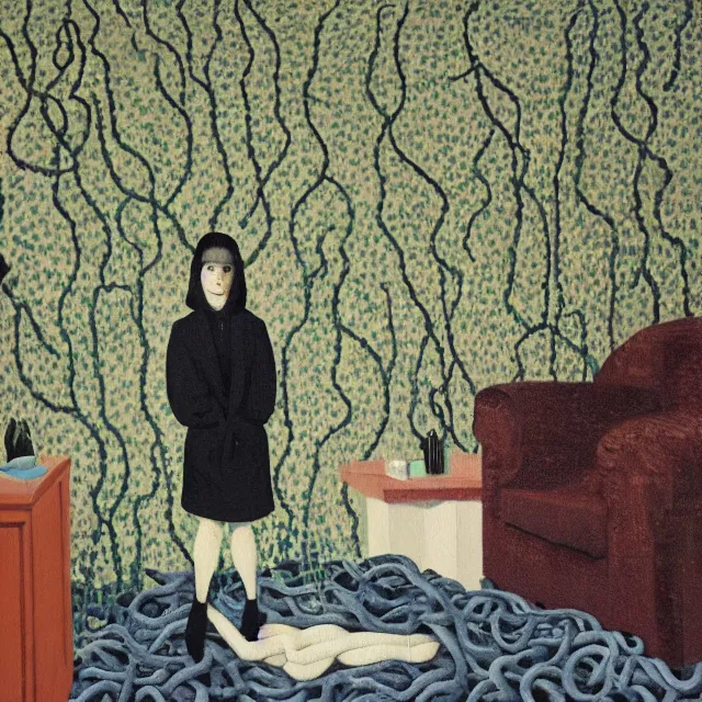 Image similar to a pathology student in her apartment, wrapped in vines, large stones, octopus, black walls, ikebana, black armchair, puddles, moss, acrylic on canvas, surrealist, by magritte and monet