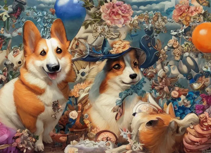 Prompt: beautiful painting of a corgi summer party, by Gerald Brom, James Jean, Krenz Cushart, Yuumei, Death Burger. trending on Artstation, 8k, masterpiece, graffiti paint, fine detail, full of color, intricate detail, golden ratio illustration