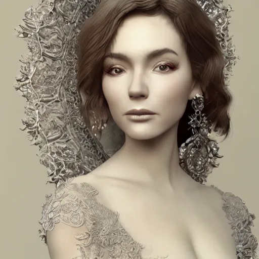 Image similar to beautiful woman portrait, full shot, ornated, intricate detailed gown, art station inspired octane render 3 d