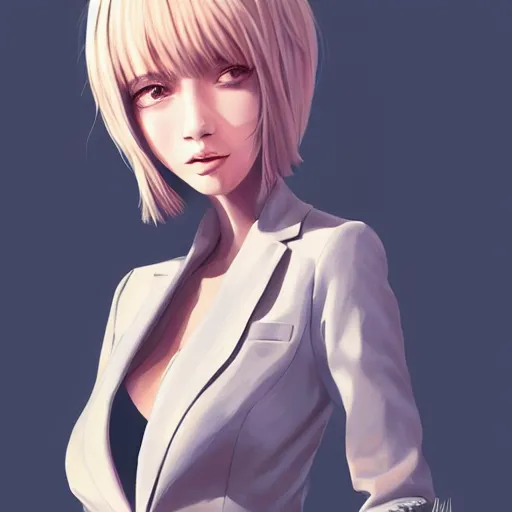 Prompt: cute beautiful girl in jacket suit over bare skin, elegant, 2d, ultra highly detailed, digital painting, smooth, sharp focus, artstation, pixiv, art by Ilya Kuvshinov