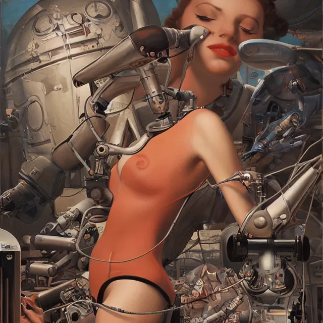 Prompt: robot artist painting a self - portrait on a canvas. intricate, highly detailed, digital matte painting in the style of gil elvgren and in the style of wayne barlowe. irony, recursion, inspiration.