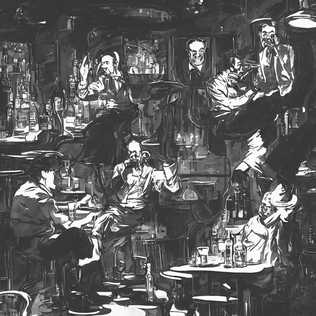 Prompt: hard boiled detective drinking whisky at a bar in space, diner, 1 9 3 0 s, prohibition, sci fi, retro futuristic, concept art, moody, photorealistic