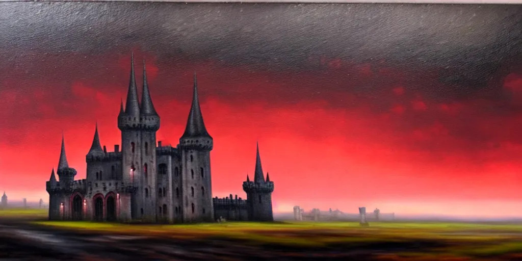 Image similar to a beautiful and gothic castle in the distance. Red sky. Dark ambient. Gothicpunk. Detailed oil on canvas. Art in style of Frances Ann Hopkins. High definition