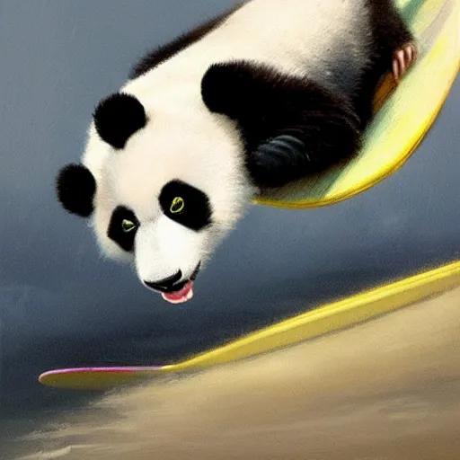 Prompt: a panda on a surf board, high detail, dramatic light, digital art, painted by seb mckinnon, painted by greg rutkowski, trending on artstation