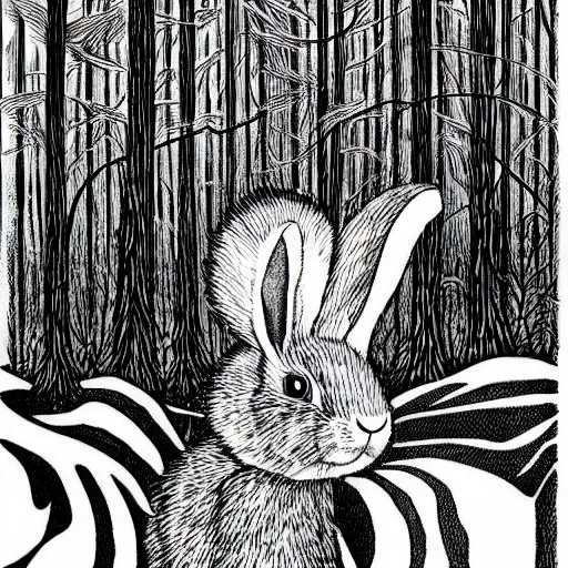 Image similar to a rabbit smoking deep in the forest, black and white illustration, creative design by junji ito