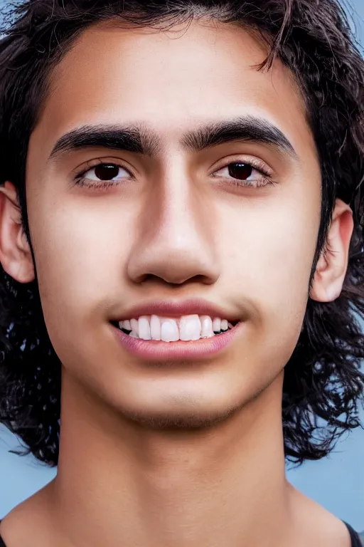 Image similar to close up headshot of an androgynous Hispanic teen male with medium length slightly wavy black hair a wide smile brown eyes a small nose tidy plucked eyebrows dark brown eyes and a diamond shaped face, high resolution film still, 8k, HDR color, gazing dark brown eyes, high cheek bones, trimmed eyebrows