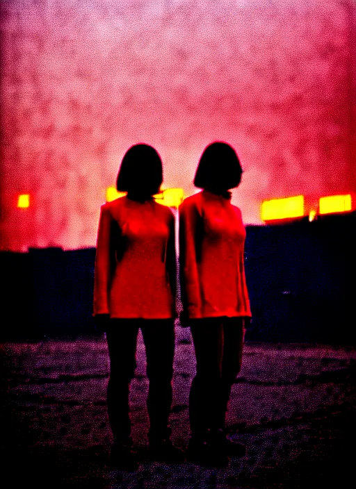 Image similar to cinestill 5 0 d photographic portrait of two loving clones, techwear women on a desolate plain with a red sky, a brutalist dark metal facility in the background, dust storm, depth of field, 4 k, 8 k, hd, full color