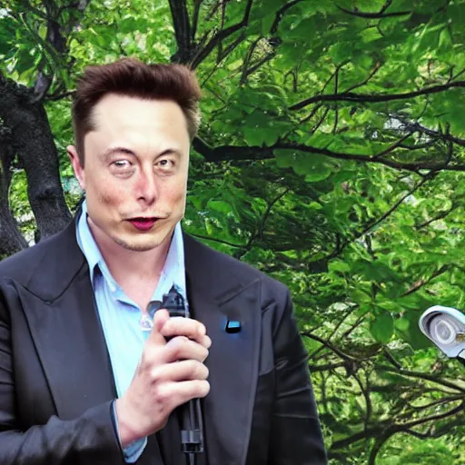 Prompt: security camera footage of drunk elon musk in my backyard staring at a tree. cctv. caught on camera