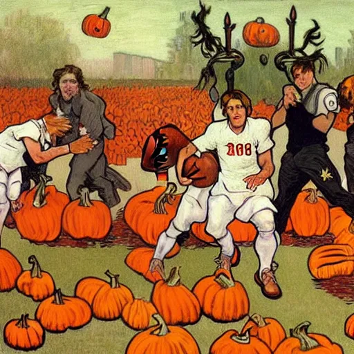 Image similar to painting of arkansas razorbacks playing football with pumpkins at the halloween! party, bubbling cauldron!, candles!, graveyard, gravestones, ghosts, smoke, autumn! colors, elegant, wearing suits!, clothes!, delicate facial features, art by alphonse mucha, vincent van gogh, egon schiele