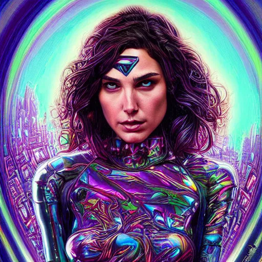 Image similar to portrait of gal gadot, hyper detailed masterpiece, neon floral pattern, jean giraud, digital art painting, darkwave goth aesthetic, psychedelic, artgerm, donato giancola and tom bagshaw