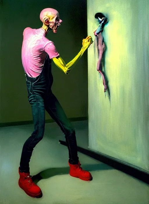 Image similar to an expressive skinny artist wearing overalls physically fighting with a ghost, inside a grand studio, depth of field, hauntingly surreal, highly detailed oil painting, by francis bacon, edward hopper, adrian ghenie, glenn brown, soft light 4 k, green and pink colour palette, cinematic composition, cinematic lighting, high quality octane render, masterpiece