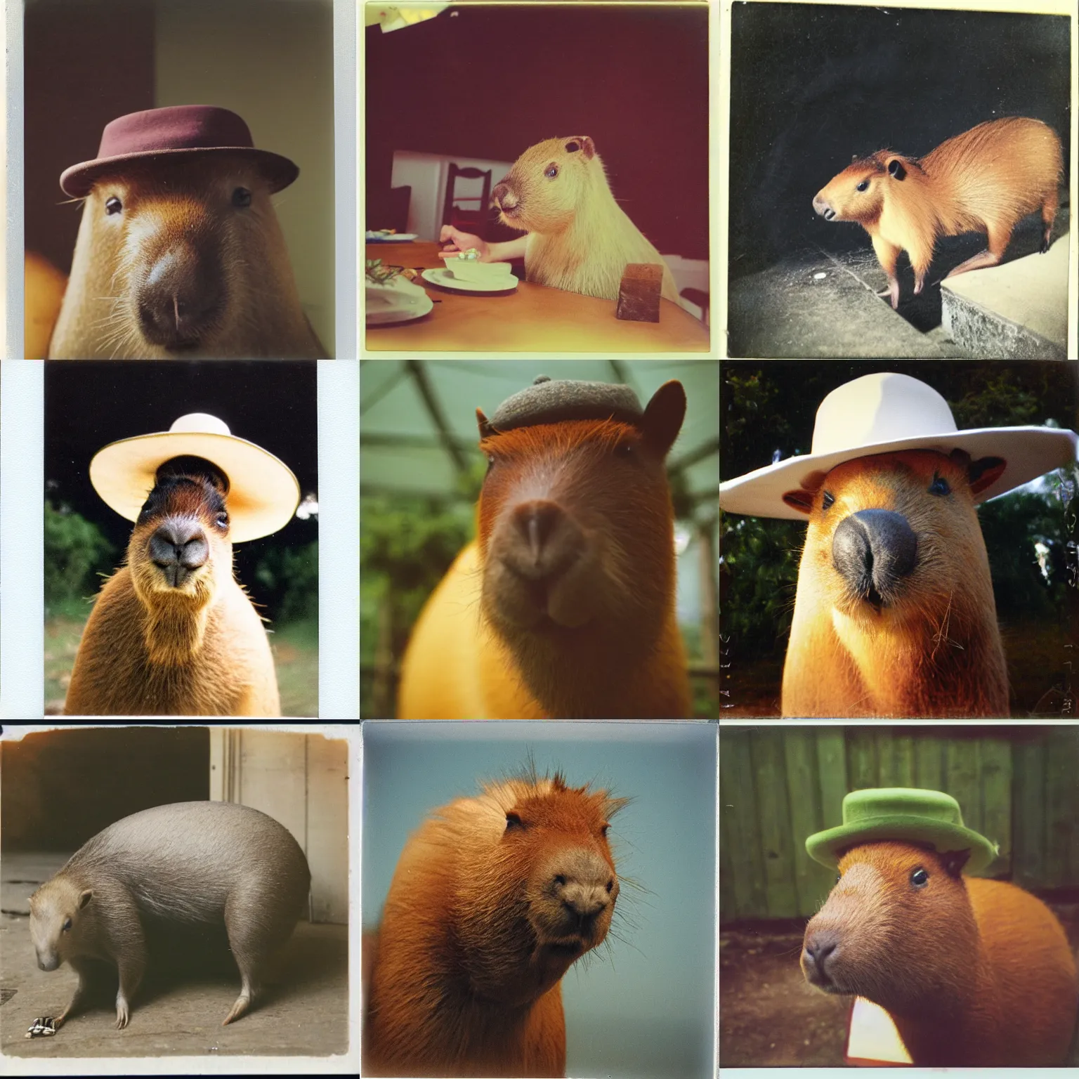 Prompt: fancy capybara with hat getting ready for a dinner at the festival, polaroid