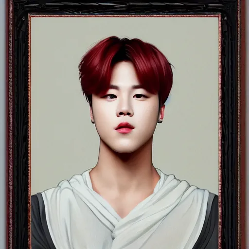 Prompt: wide angle full body portrait of Park Jimin of BTS, with a perfect face and perfect body, thin waist, plump lips, intricate, single face, wearing greek Palla, highly detailed, digital painting, artstation, concept art, smooth, sharp focus, illustration, Unreal Engine 5, 8K, art by artgerm and greg rutkowski and alphonse mucha