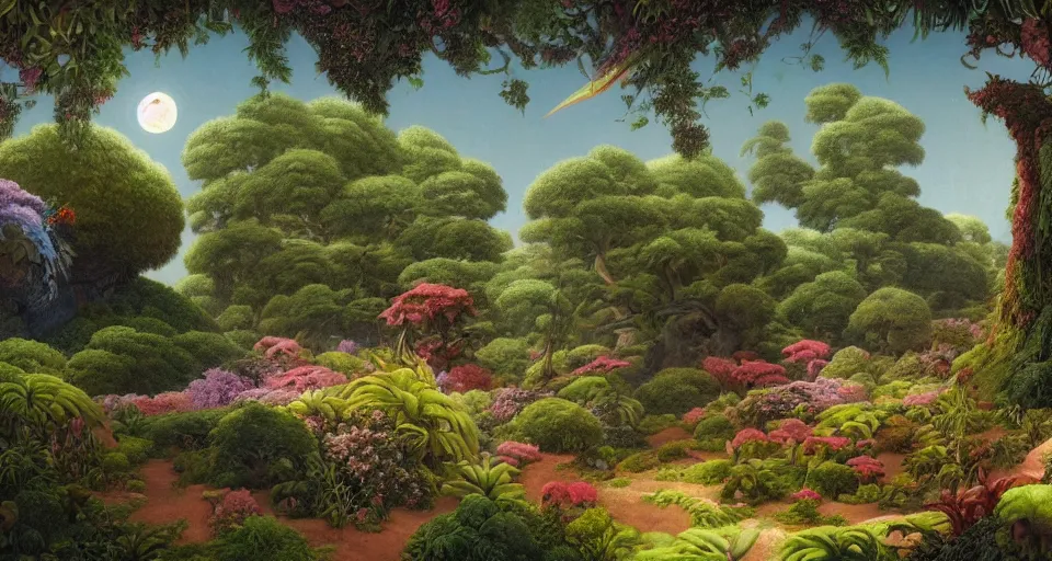 Prompt: a landscape on the moon with many craters, a beautiful flowering garden, giant woodlouse, a lot of exotic vegetations, trees, intricate detaild, pale colors, 8 k, in the style of martin johnson heade and roger dean