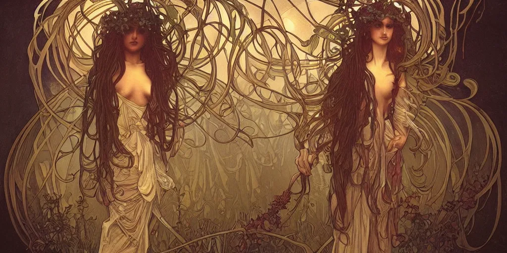 Image similar to creepy plant people, ominous, fungus tendrils by alphonse mucha, intense lighting, light beams, lens flare, intricate, elegant, highly detailed, digital painting, artstation, concept art, smooth, sharp focus, illustration, art by artgerm and serpentigena and alphonse mucha