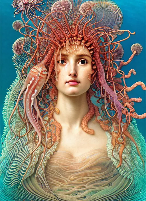 Image similar to hyperrealistic detailed underwater face portrait of the beautiful goddess of the jellyfish with an intricate headgear of corals, sea kelp, sea plants, fish, starfish, jellyfish, art by ernst haeckel, john william godward, android jones, alphonso mucha, gothic - cyberpunk, ornamental, beautiful deep colours,