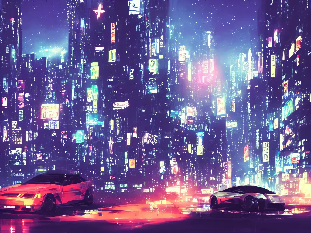 Image similar to Kanye West with JDM car at Tokyo at night sky full of stars with a lot of neon lights buildings makoto shinkai style, pixiv, 4k, wallpaper, high quality