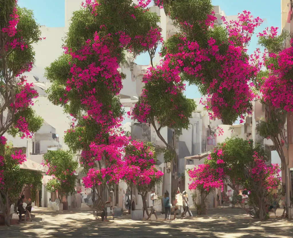 Image similar to a very beautiful scene, vfx render, small street in tel aviv, busy, shops, bauhaus, sunlight, happy, bougainvillea, hyperrealistic, 4 k. lovely scene. art. unreal engine.