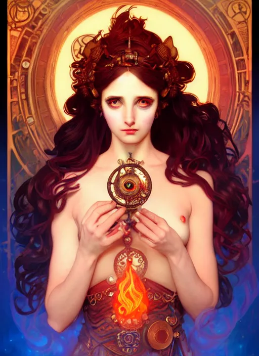 Image similar to the goddess hestia, hair on fire, steampunk, glowing eyes, beautiful eyes, volumetric lights, red and cyan theme, art nouveau botanicals, intricate, highly detailed, digital painting, artstation, concept art, smooth, sharp focus, cinematic, illustration, beautiful face, art by artgerm and greg rutkowski and alphonse mucha