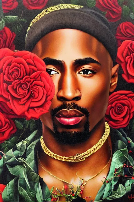 Image similar to Tupac, portrait by Kehinde Wiley!!, roses, artgerm, loish, oil painting,