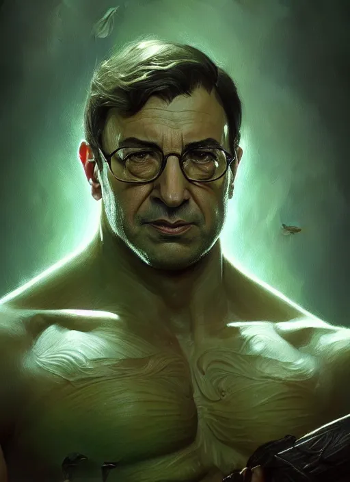 Image similar to portrait of aggressive florentino perez, d & d, muscular! green, fantasy, intricate, elegant, highly detailed, digital painting, artstation, concept art, smooth, sharp focus, illustration, art by artgerm and greg rutkowski and alphonse mucha