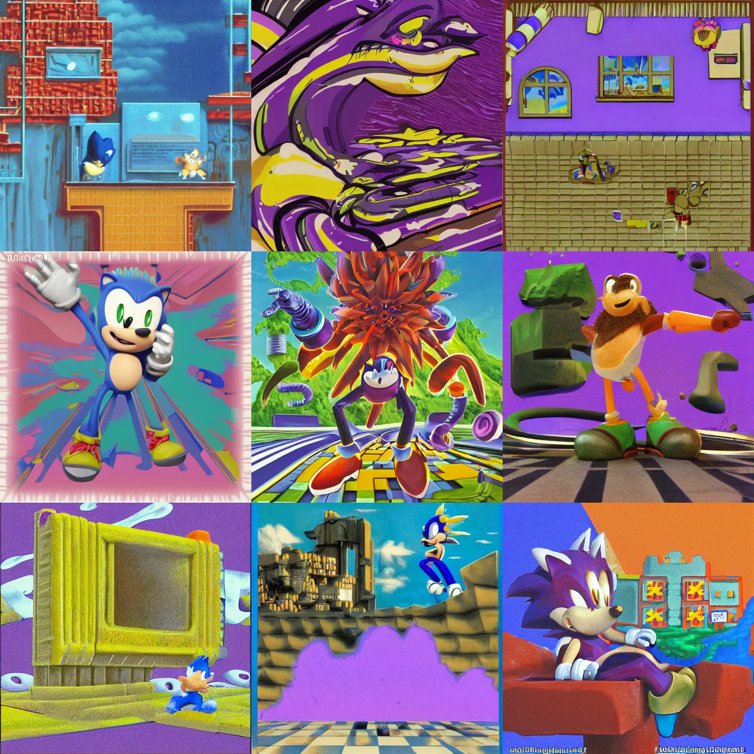 Prompt: dreaming of deconstructivist claymation portrait of sonic hedgehog and a matte painting landscape of a surreal sharp, foggy detailed professional soft pastels high quality airbrush art album cover of a liquid dissolving airbrush art lsd sonic the hedgehog swimming through cyberspace purple checkerboard background 1 9 9 0 s 1 9 9 2 sega genesis rareware video game album cover