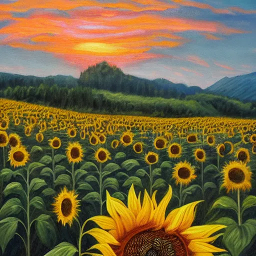 Prompt: painting of a man looking out into a sunset behind hills, bees around him, clouds everywhere in a sunflower field