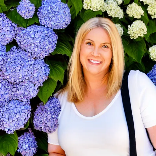 Prompt: 5 0 year old curvy blonde woman, welcoming grin, wearing a black top, surrounded by hydrangeas, small white happy dog at her side, portrait, headshot, detailed, high quality