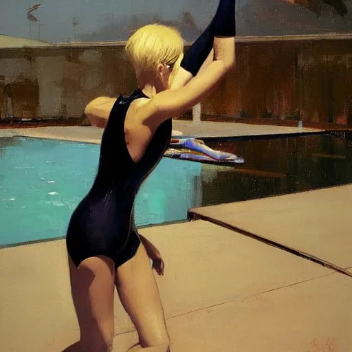 Prompt: a blond lifeguard in a wetsuit jumping into the pool. Kuvshinov ilya. Repin. Phil Hale