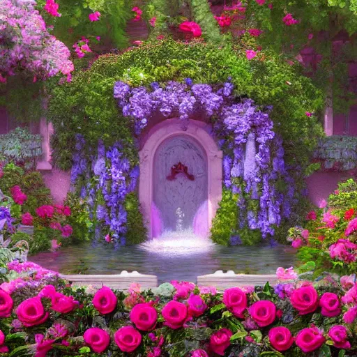 Image similar to a beautiful bunglow with garden filled with roses in the sea, realistic, artstation, 8k, high definition