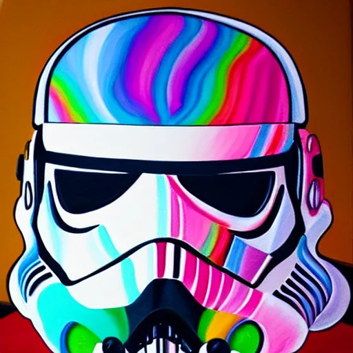 Prompt: a detailed painting by lisa frank of a storm trooper helmet