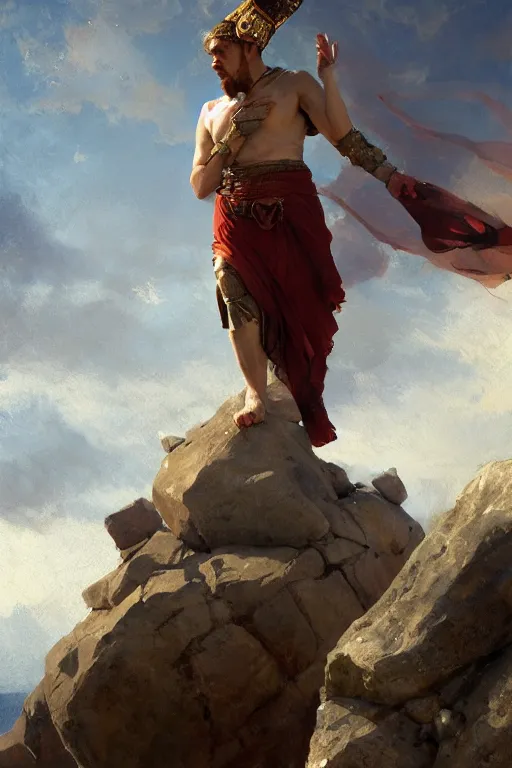 Image similar to ancient roman steve buscemi ascending wearing the civic crown while he levitates and hovers above the ground glowing with power small rocks and pebbles begin lifting off the ground around him, art by anders zorn, wonderful masterpiece by greg rutkowski, beautiful cinematic light, american romanticism by greg manchess, jessica rossier