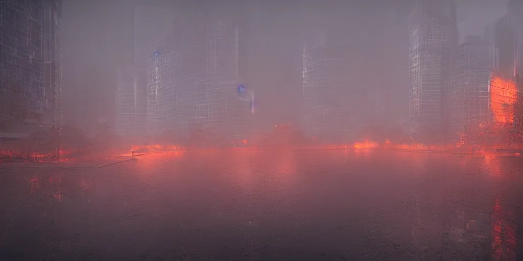 Image similar to soviet brutalims japan city view by eddie mendoza and greg rutkowsi, orange glow, puddles of water, sunset, trees, foggy, dark, moody, volumetric lighting, dirty