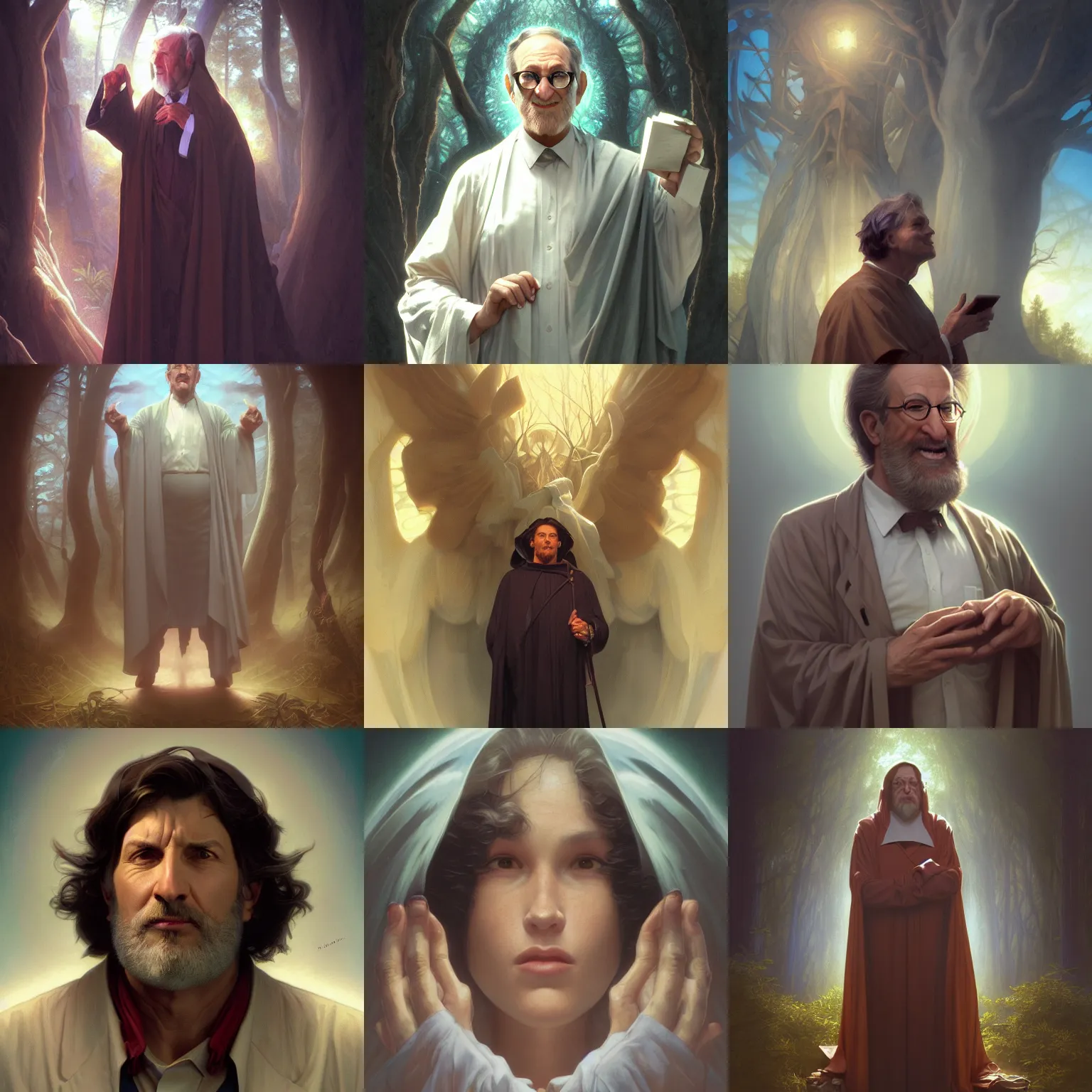 Prompt: billowing televangelist, dark forest, spielberg, octane render, highly detailed, digital painting, artstation, concept art, smooth, sharp focus, illustration, art by artgerm and greg rutkowski and alphonse mucha and william - adolphe bouguereau