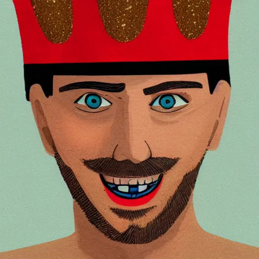 Prompt: man with red colored eyes and a crown grinning