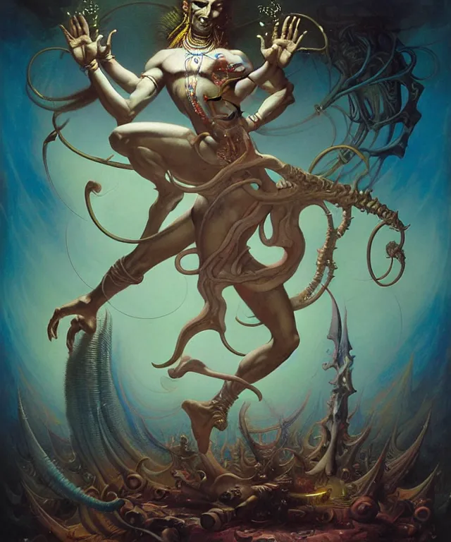 Image similar to shiva dancing in a futuristic holographic displays in the style of peter mohrbacher, wayne barlowe, gustav moreau, bussiere, roberto ferri, santiago caruso, luis ricardo falero, austin osman spare,