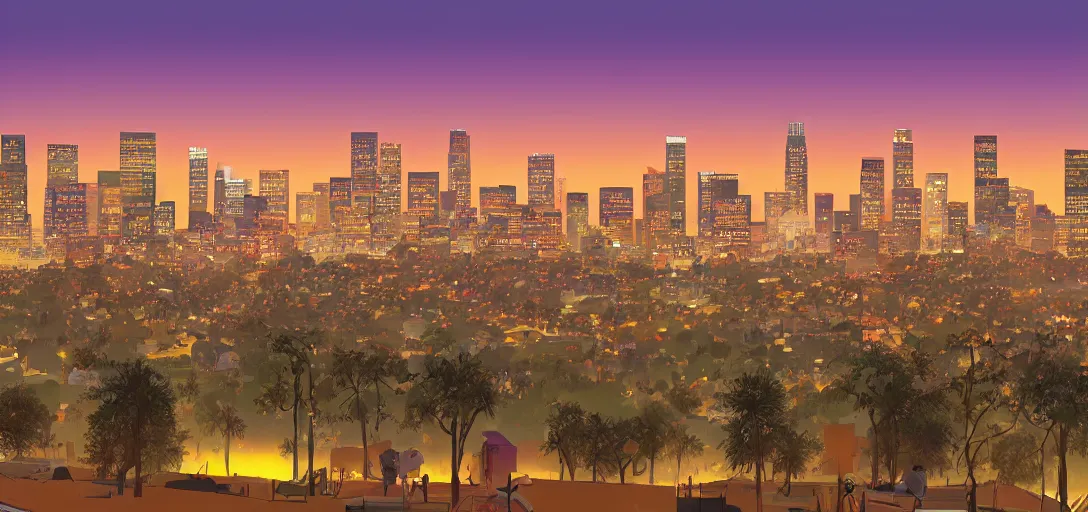 Prompt: visual development of los angeles skyline cityscape at dusk by lou romano, pixar disney dreamworks sony animation