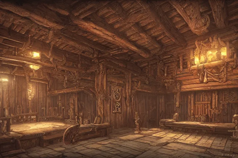 Prompt: Viking king\'s hall, ornate wood, by Tyler Edlin