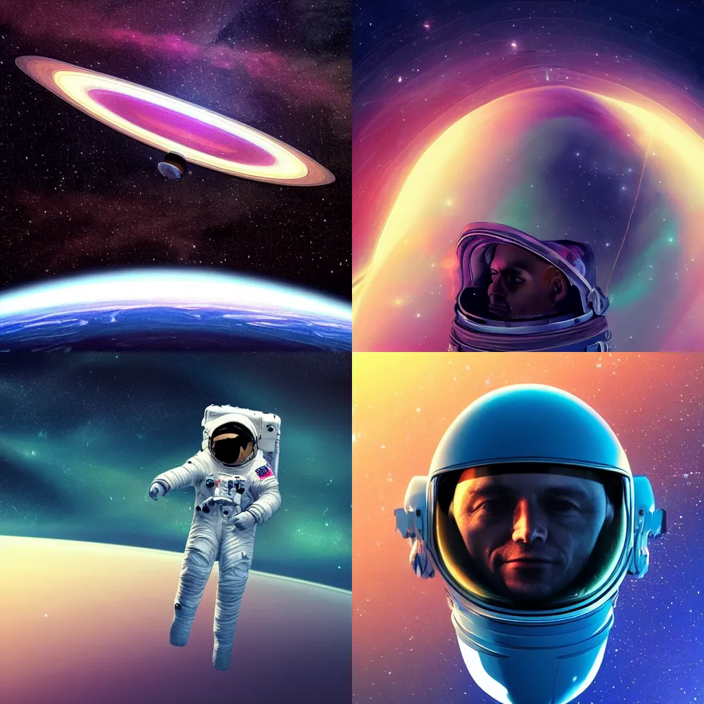 Prompt: An astronaut floating in space surrounded by galaxies, saturn reflecting in his helmed, digital art, trending on Artstation