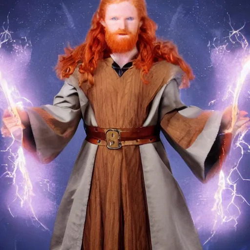 Image similar to male redhead wizard with along brown mantle, electric sparks running between fingers