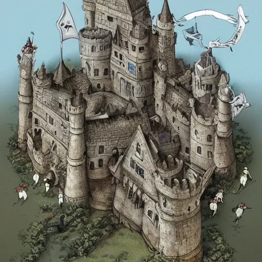 Image similar to A fascinating and detailed description of a medieval castle under siege , by Maurice Sendak and Takashi Murakami, trending on ArtStation, cgsociety, trending on 500px, deviantart