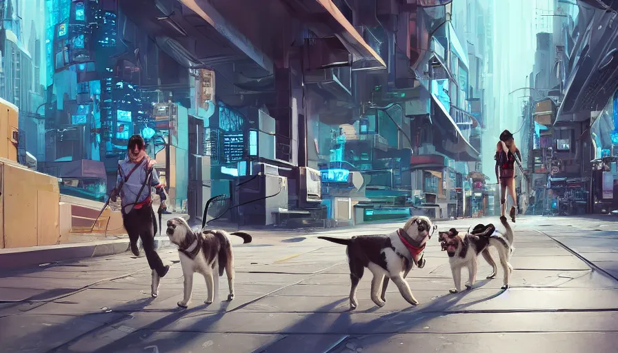 Image similar to Dog and cat walking together in a futuristic city, hyperdetailed, artstation, cgsociety, 8k