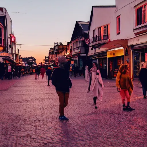 Prompt: people start to levitate into the sky while walking down seaside town street at dusk, warm colours, street photography