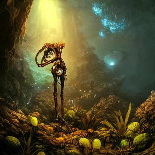 Prompt: gorgeous mechanical steampunk creature with humanlike form and two eyes looking eerily into a cave entrance with lush vegetation and mystical (((glowing algae))) in the sunset, desaturated, creepy ambiance, dangerous, sharp focus, highly detailed, artgerm