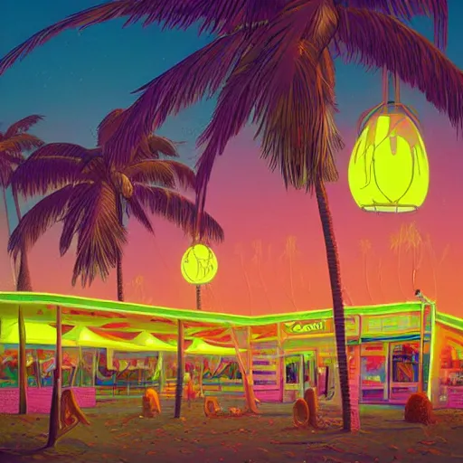 Image similar to psychedelic beachfront fast food restaurant with palm trees by simon stalenhag