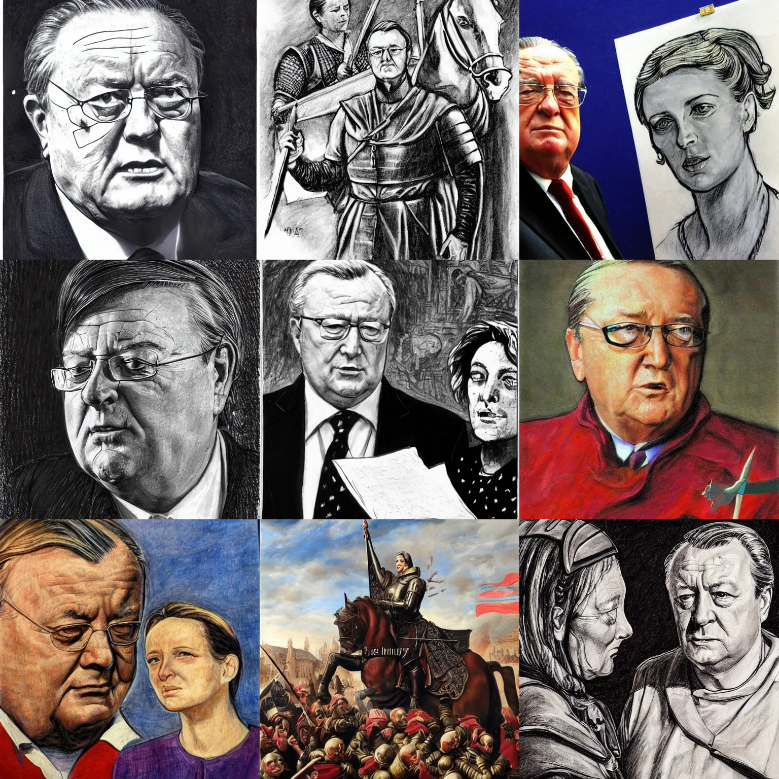 Prompt: jean - marie le pen french politician, with jeanne d'arc, drawing, realistic