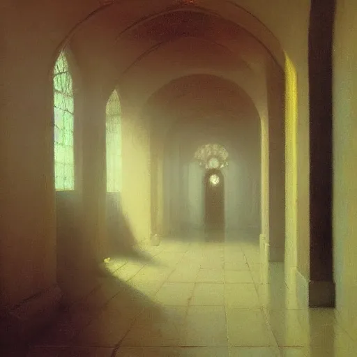 Image similar to A highly detailed hallway liminal space by Ivan Aivazovsky and Nicholas Roerich, impressionistic brushwork, silent hill aesthetic