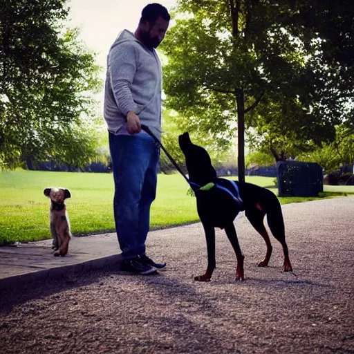 Prompt: man at the park with his dog