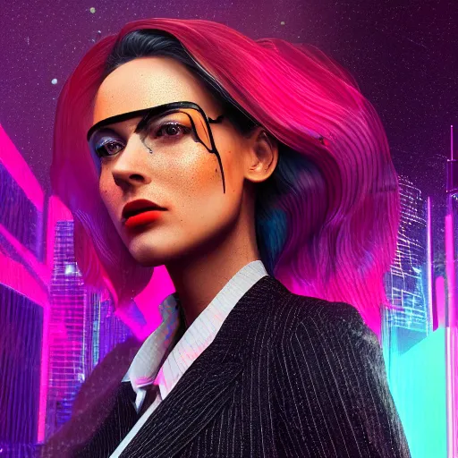 Image similar to stylish woman cartoon portrait made out of rain galaxies, pinstripe suit, cyberpunk background, octane render, unreal engine, highly detailed, trending on artstation, realistic, neon, beautiful